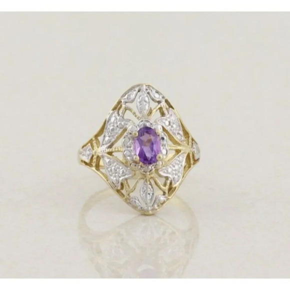10k Yellow Gold and White Gold Natural Amethyst Ring Filigree Flower Size 7 - Picture 1 of 8